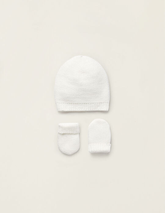 Beanie + Knitted Gloves for Newborns, White