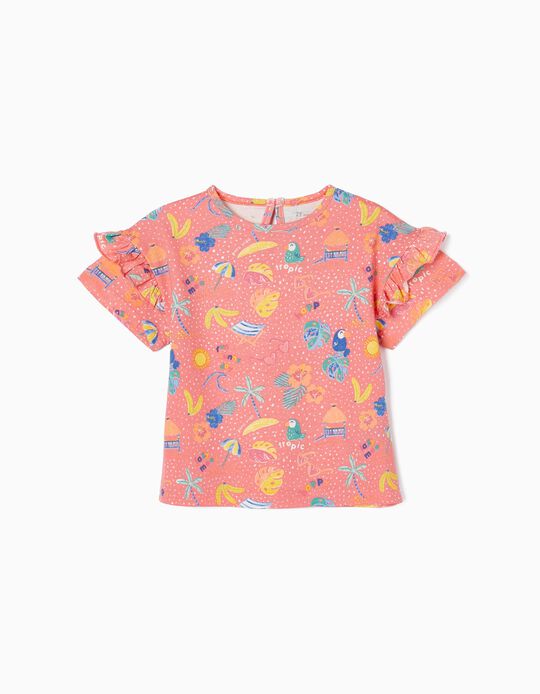 T-shirt Estampada com Folhos para Bebé Menina, Rosa