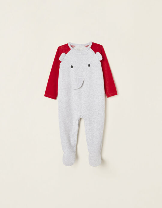 Velour Sleepsuit in Cotton for Babies 'Elephant', Red/Grey