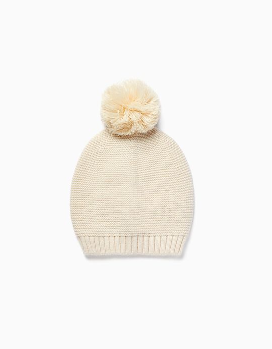 Long Knit Beanie with Pompom for Children, White