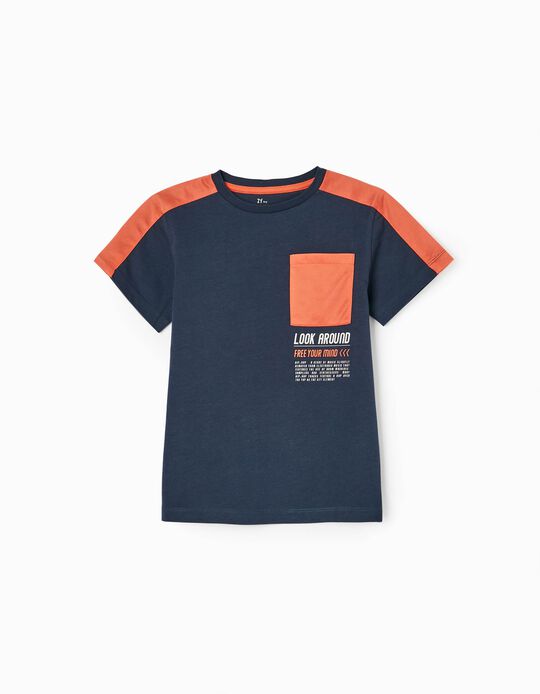 T-shirt à Manches Courtes en Coton Garçon, Bleu Foncé/Orange