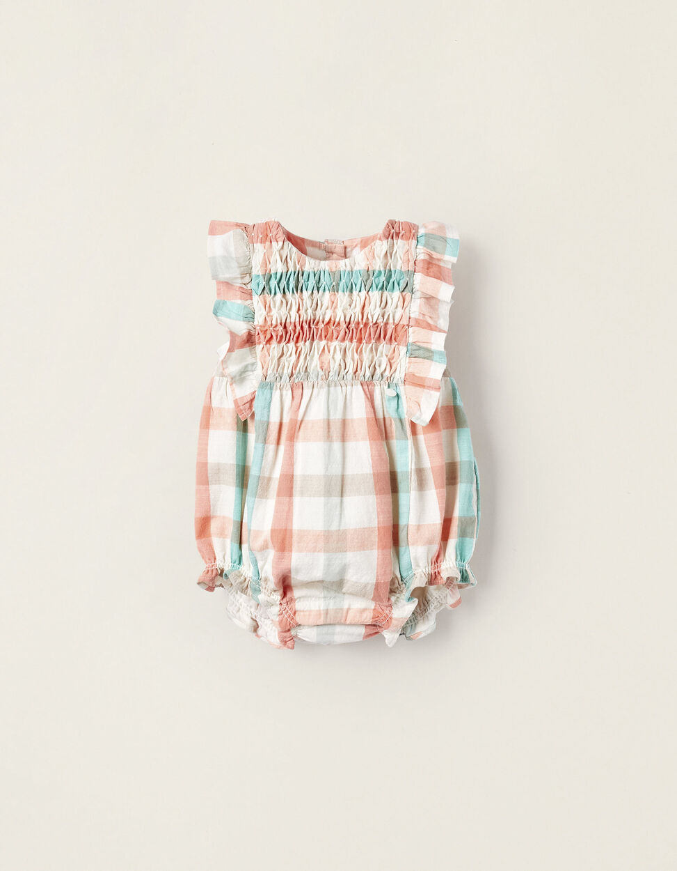 Buy Online Plaid Cotton Jumpsuit for Newborn Girls 'B&S', Coral/Green Water