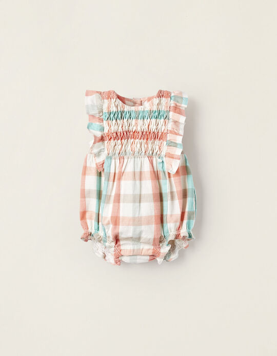 Plaid Cotton Jumpsuit for Newborn Girls 'B&S', Coral/Green Water