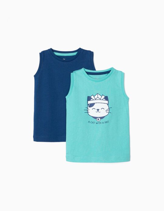 2 Sleeveless T-Shirts for Baby Boys 'Cat with Hat', Blue/Aqua Green