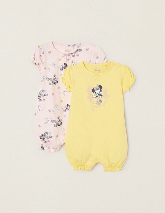 Pack 2 Cotton Romper Pyjamas for Baby Girls 'Minnie', Pink/Yellow