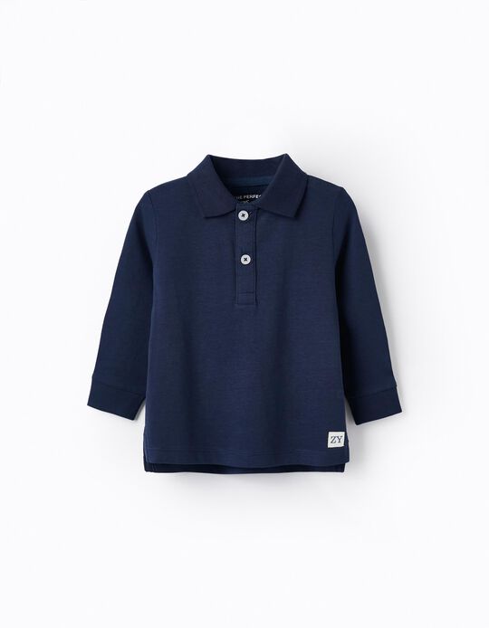 Long-Sleeve Cotton Polo for Baby Boys, Dark Blue