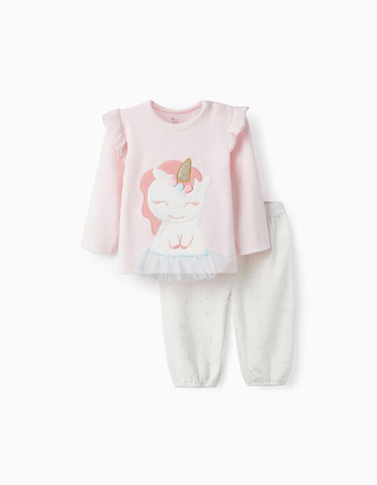 Pijama de Veludo Para Bebé Menina 'Unicórnio', Rosa/Branco
