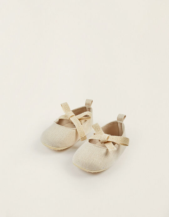 Lurex Thread Ballerinas for Newborn Girls, Beige/Gold