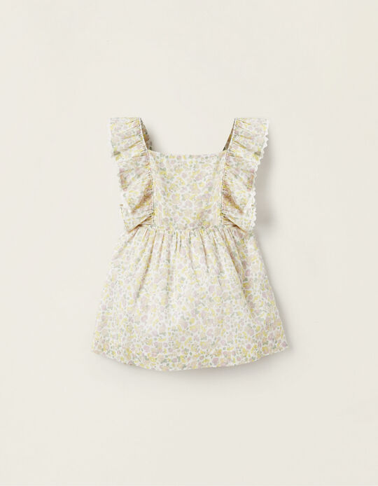 Floral Cotton Dress for Newborn Girls, White/Pink/Yellow