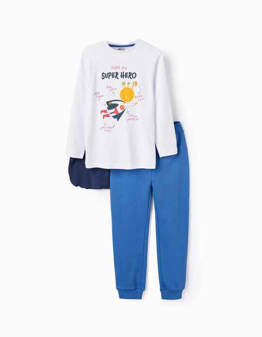 Pyjama avec Cape Amovible pour Garçon 'Super Héros', Blanc/Bleu Foncé