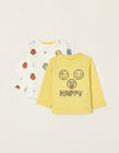 2 Camisetas de Manga Larga para Recién Nacido 'Happy', Blanco/Amarillo