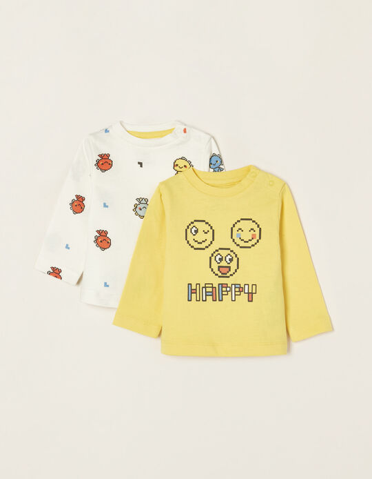 2 Long Sleeve T-shirts for Newborn Babies 'Happy', White/Yellow