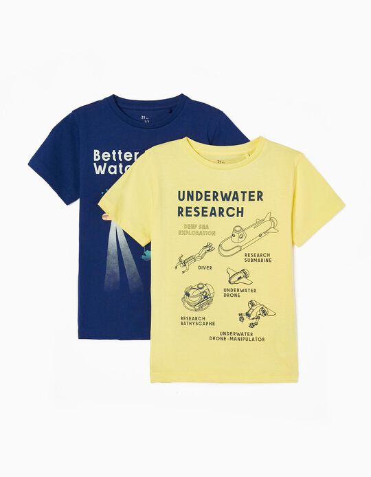 Pack 2 T-shirts de Algodão para Menino 'Sea Creatures', Verde Água/Azul Escuro