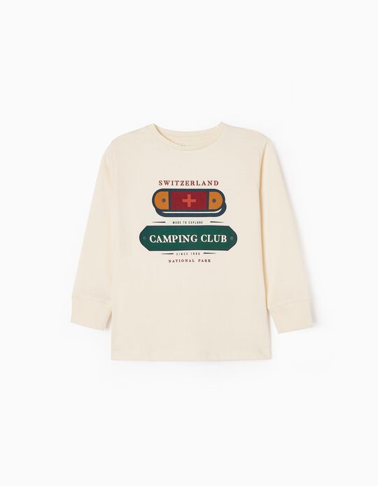 T-shirt de Manga Comprida para Menino 'Camping Club', Bege