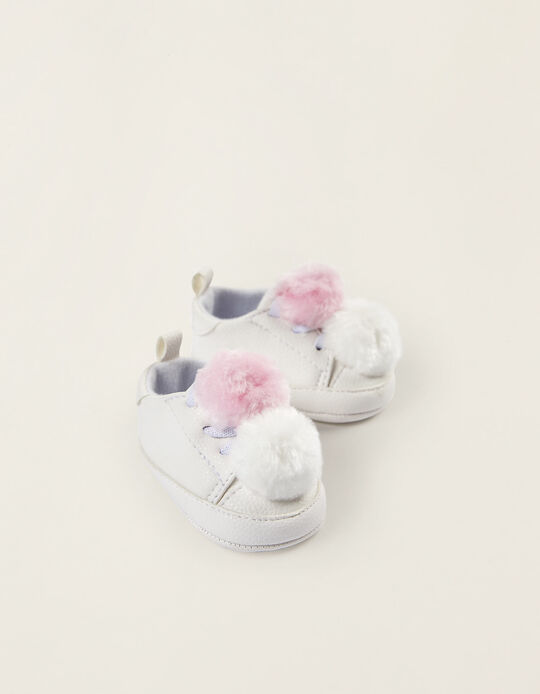 Trainers with Pompoms for Newborn Baby Girls, White
