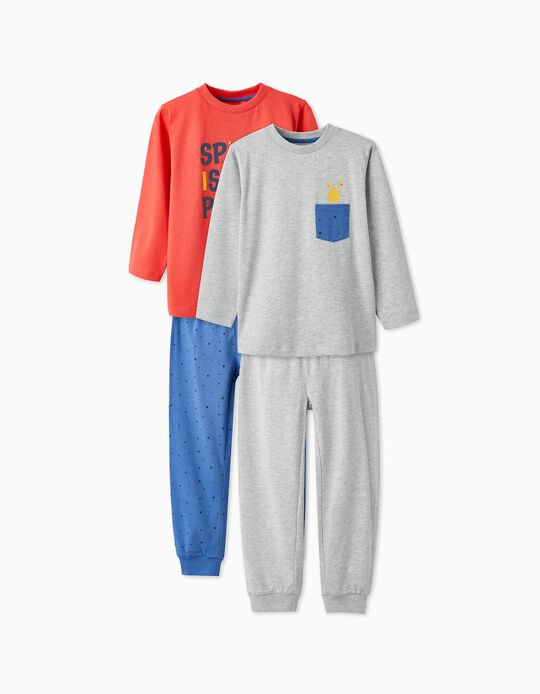 Pack of 2 Long Sleeve Pyjamas for Boys, Red/Blue/Grey