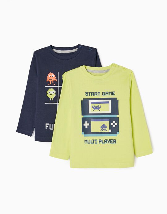 Pack 2 T-shirts de Manga Comprida para Bebé Menino 'Play', Verde Lima/ Azul Escuro