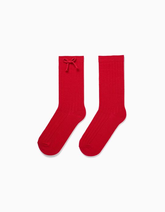 Knee-High Ribbed Socks with Decorative Bow for Girls, Red