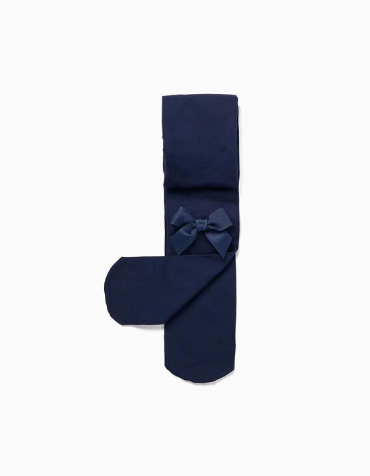 Microfiber Tights with Bow for Girls, Dark Blue