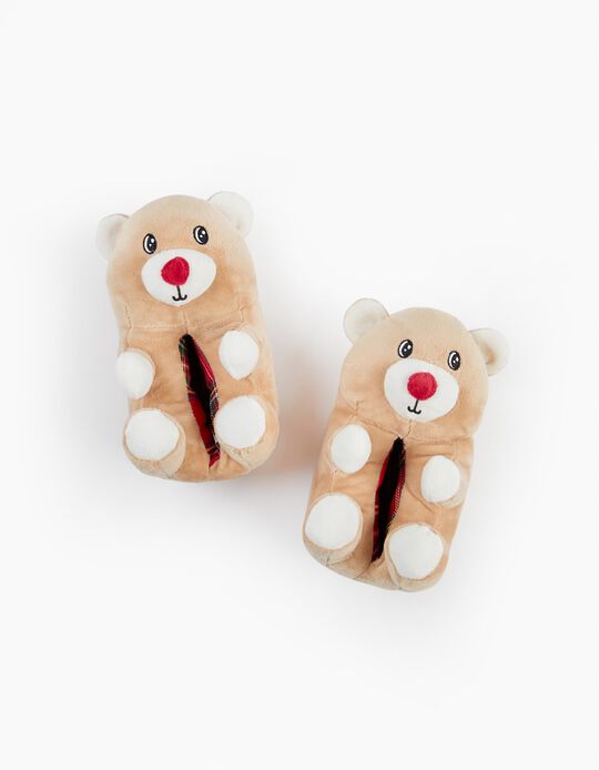 Plush Slippers for Children 'Teddy Bear', Beige/Red