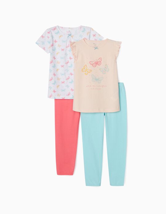2 Pyjamas for Girls 'Butterflies', Pink/Blue/White