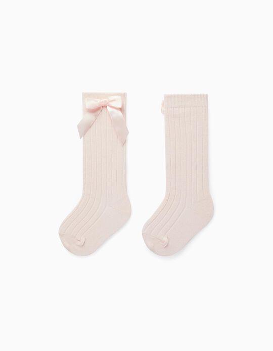 Knee-High Socks with Bow for Baby Girls, Light Pink