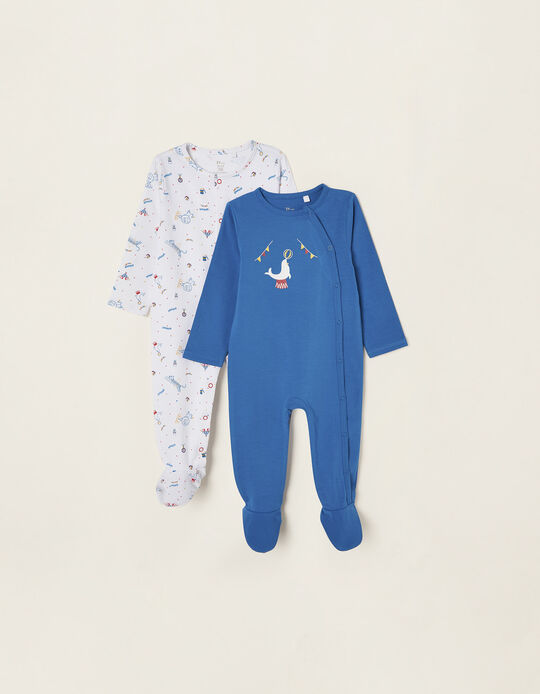 2 Cotton Sleepsuits for Baby Boys 'Circus', Blue/White
