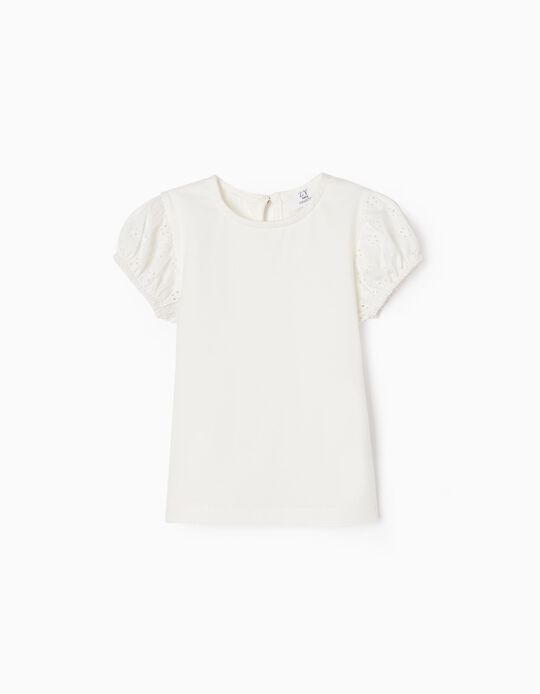 Cotton T-shirt with Broderie Anglaise for Baby Girls, White