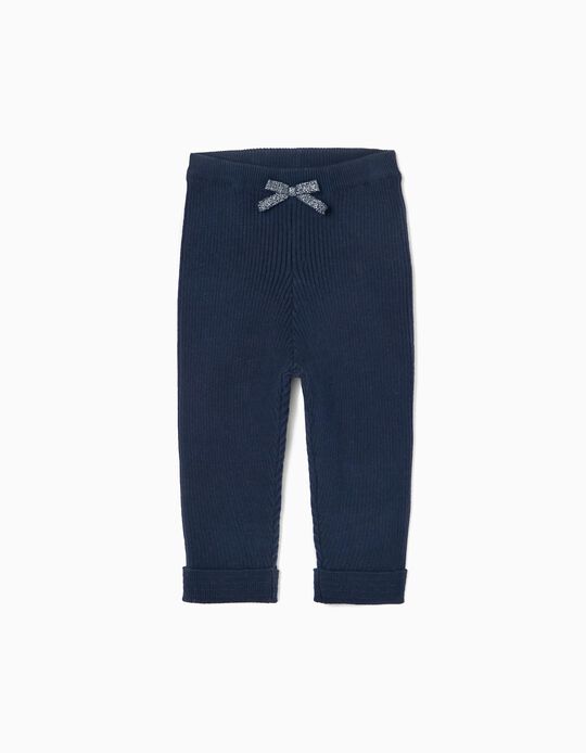Ribbed Knit Cotton Trousers for Newborn Baby Girls, Dark Blue
