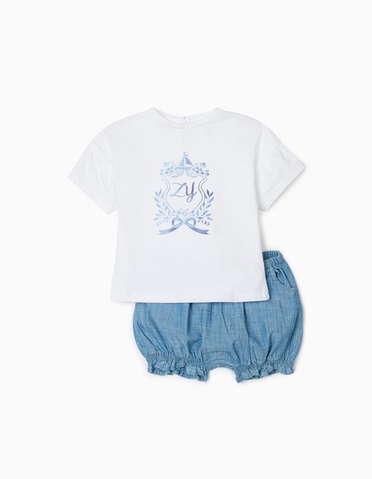 T-Shirt + Short Bébé Fille, Blanc/Bleu
