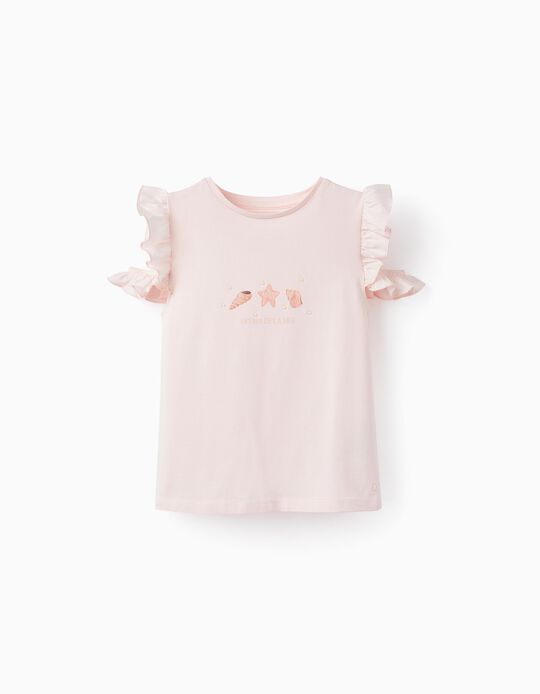 T-shirt de Algodão com Perólas para Menina 'Conchas', Rosa