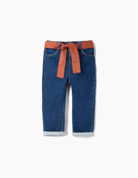 Cotton Denim Trousers with Ribbon for Baby Girls, Blue