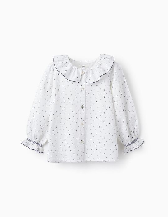 Cotton Twill Blouse for Girls 'Floral', White/Dark Blue