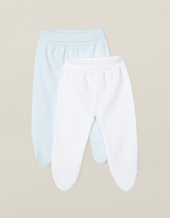 2 Pantalones con Pies para Recién Nacido, Blanco y Azul