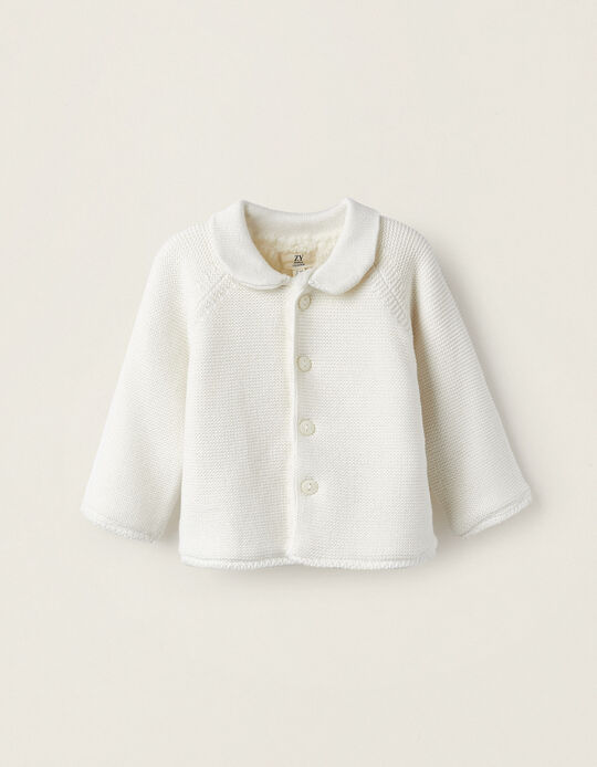 Knitted and Furry Cardigan for Newborn Boys, White