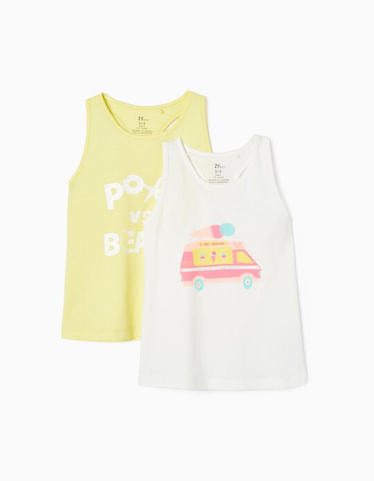 Pack 2 Cotton Tops for Girls 'Pool vs Beach', White/Yellow