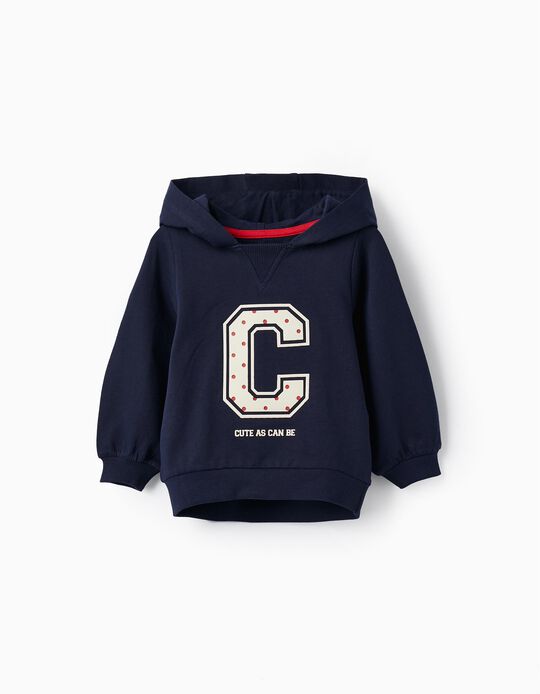 Cotton Hooded Sweatshirt for Baby Girl 'Cute', Dark Blue