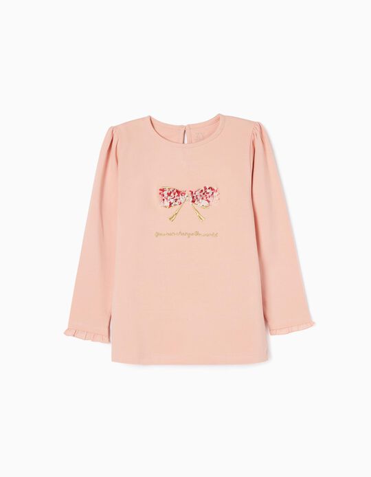 Long Sleeve Cotton T-shirt for Girls 'Bow', Pink