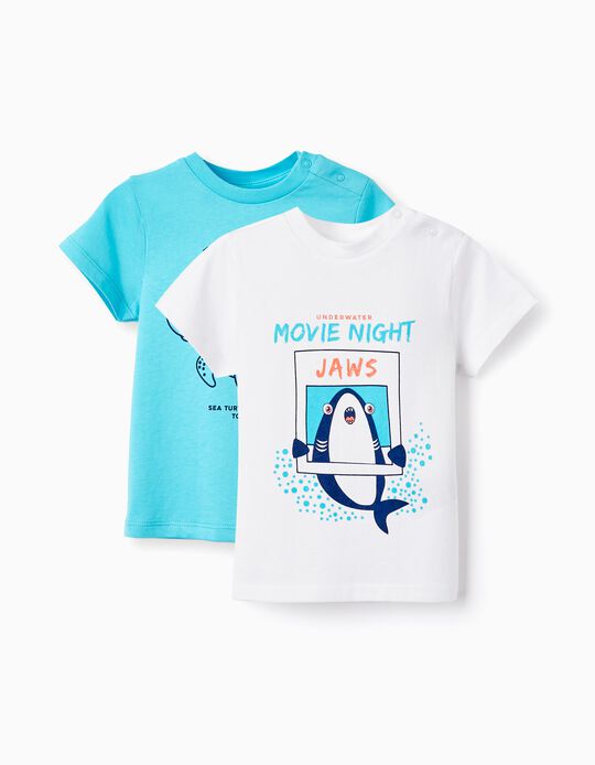 2 T-Shirts En Coton Pour Bébé Garçon 'Animaux Marins', Blanc/Bleu