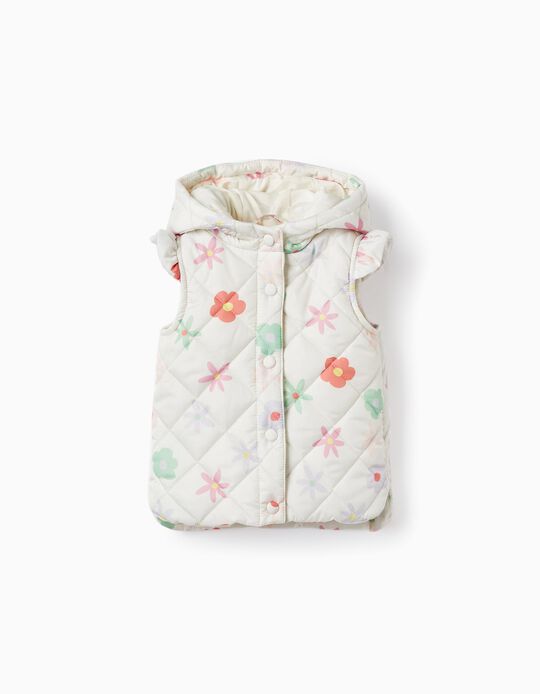 Padded Hooded Vest with Floral Pattern for Baby Girls, White