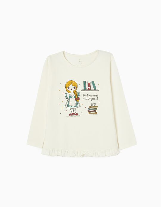 Camiseta de Manga Larga de Algodón para Niña 'Libros', Blanca