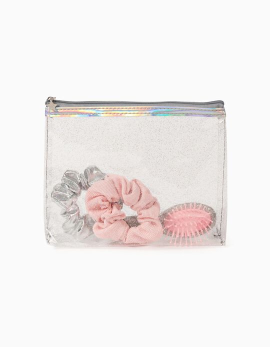 Toiletry Bag with Hair Accessories for Girl 'Glitter', Transparent/Silver