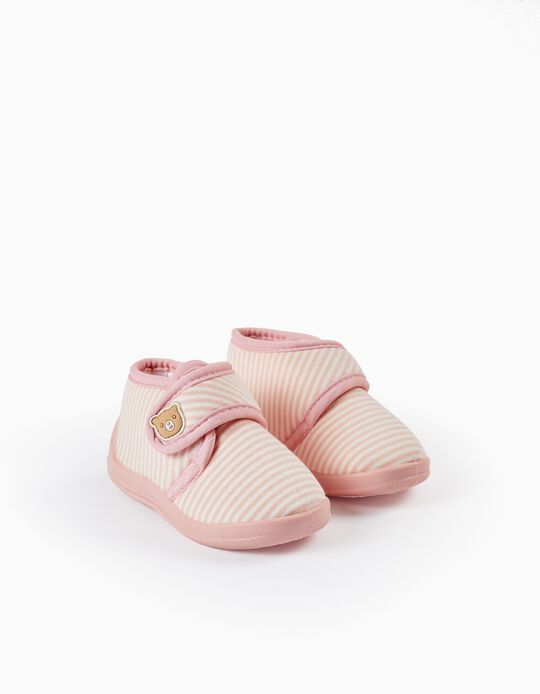 Striped Slippers for Baby Girls 'Bear' , Pink/White