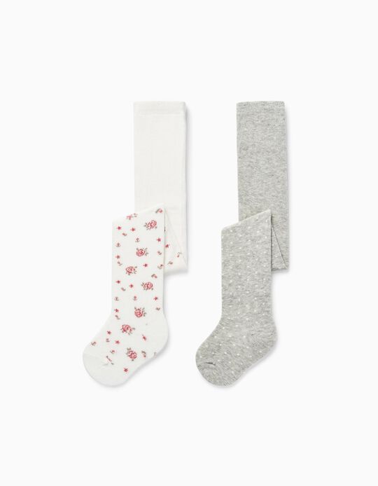 Pack of 2 Knit Tights for Baby Girl 'Roses', White/Grey