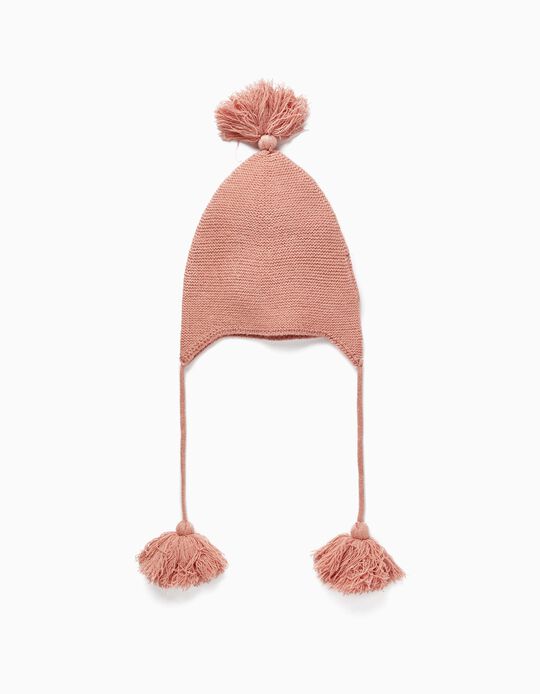 Knitted Hat with Pom Pom for Baby Girl, Pink