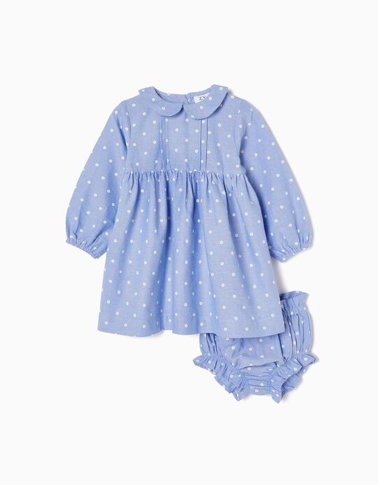 Vestido + Cubrepañal con Estampado Foral para Bebé Niña, Azul