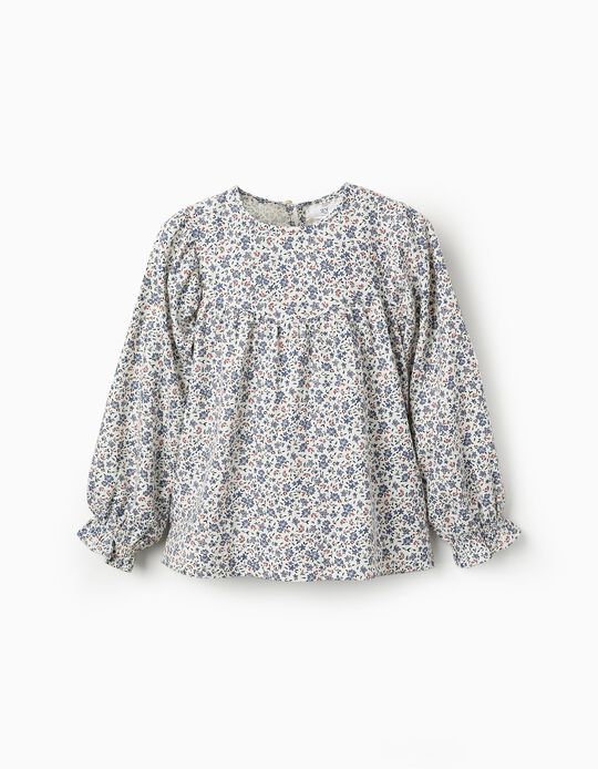 Comprar Online Blusa Floral em Sarja de Algodão para Menina, Branco/Azul/Vermelho