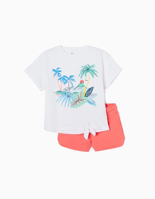T-Shirt + Calções para Menina 'Tropical', Branco/Coral