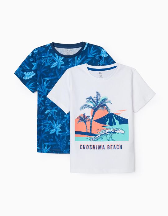 2 T-Shirts for Boys 'Enoshima Beach', Blue/White