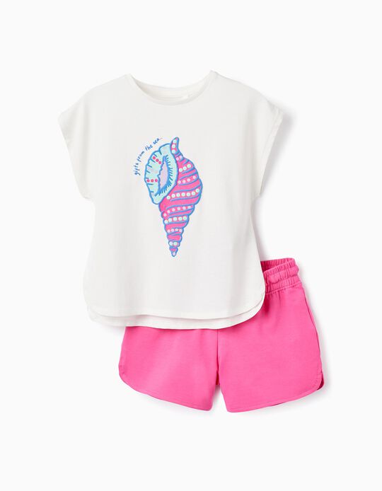 T-shirt + Shorts for Girls 'Seashell', White/Pink